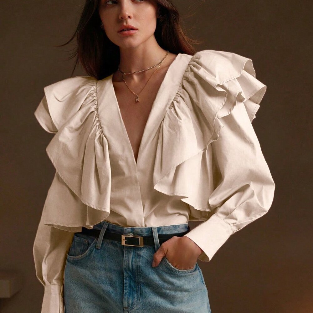 Khaki Casual Women's Elegant Ruffled Lantern Sleeve V-Neck Blouse - Picture 3 of 7